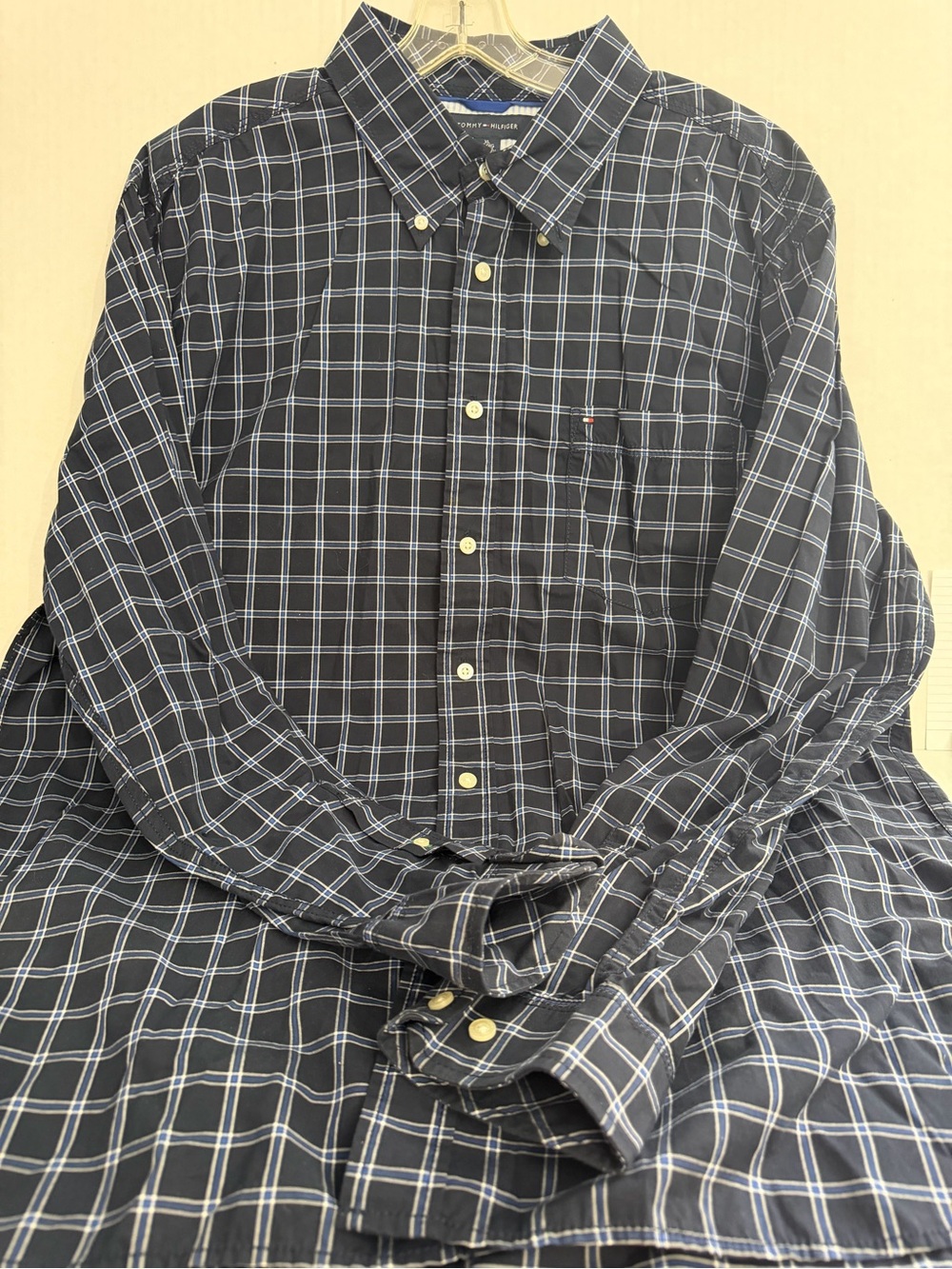 Tommy Hilfiger Men's Navy and White Plaid Button-Down Shirt